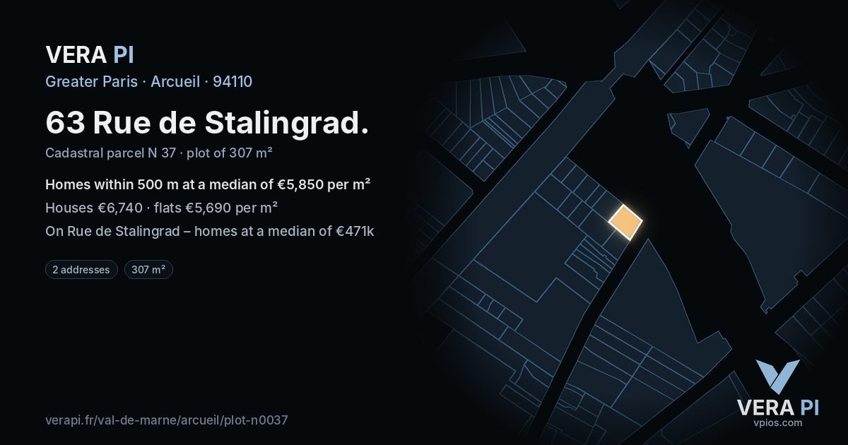 63 Rue de Stalingrad, Arcueil at night – the plot lit, the parcels around coloured by the prices near them