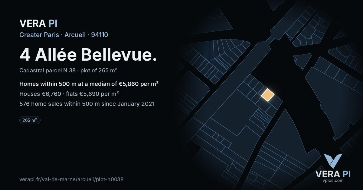 4 Allée Bellevue, Arcueil at night – the plot lit, the parcels around coloured by the prices near them