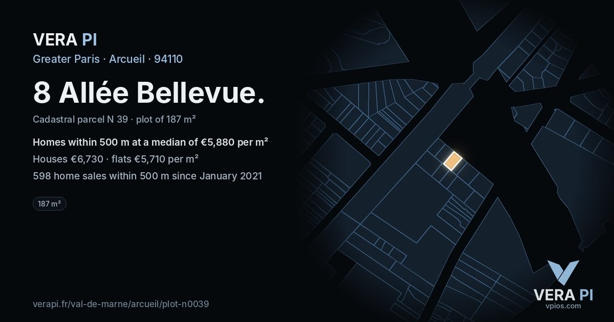 8 Allée Bellevue, Arcueil at night – the plot lit, the parcels around coloured by the prices near them