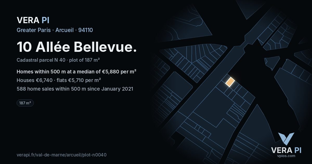 10 Allée Bellevue, Arcueil at night – the plot lit, the parcels around coloured by the prices near them