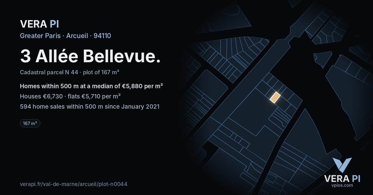 3 Allée Bellevue, Arcueil at night – the plot lit, the parcels around coloured by the prices near them