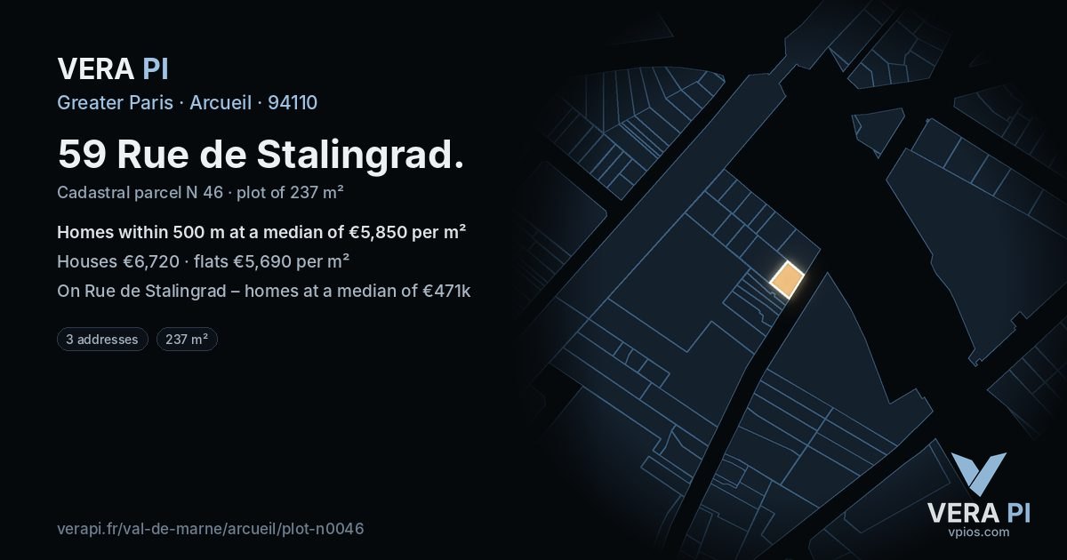 59 Rue de Stalingrad, Arcueil at night – the plot lit, the parcels around coloured by the prices near them
