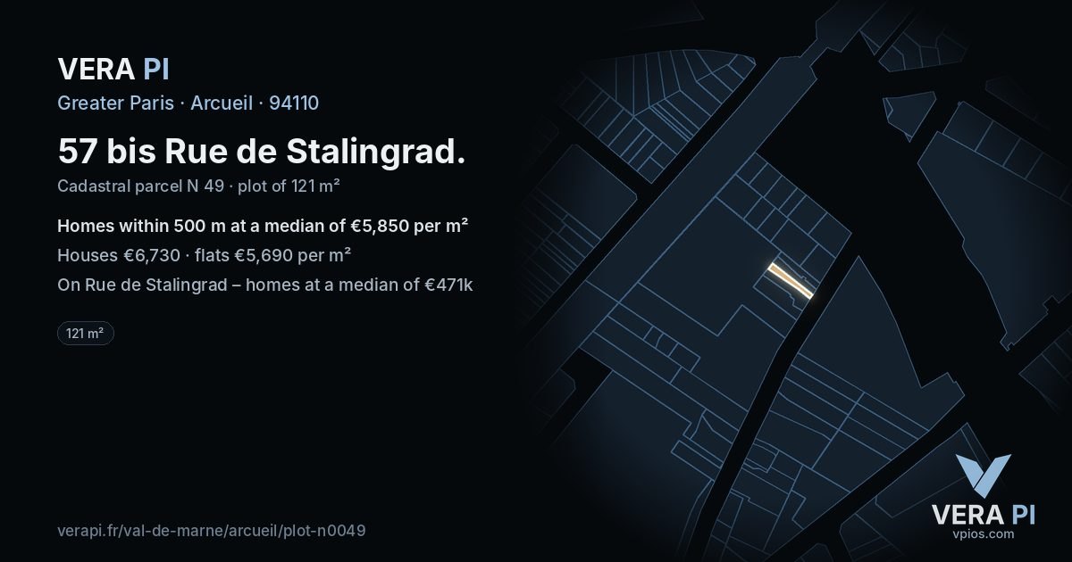 57 bis Rue de Stalingrad, Arcueil at night – the plot lit, the parcels around coloured by the prices near them