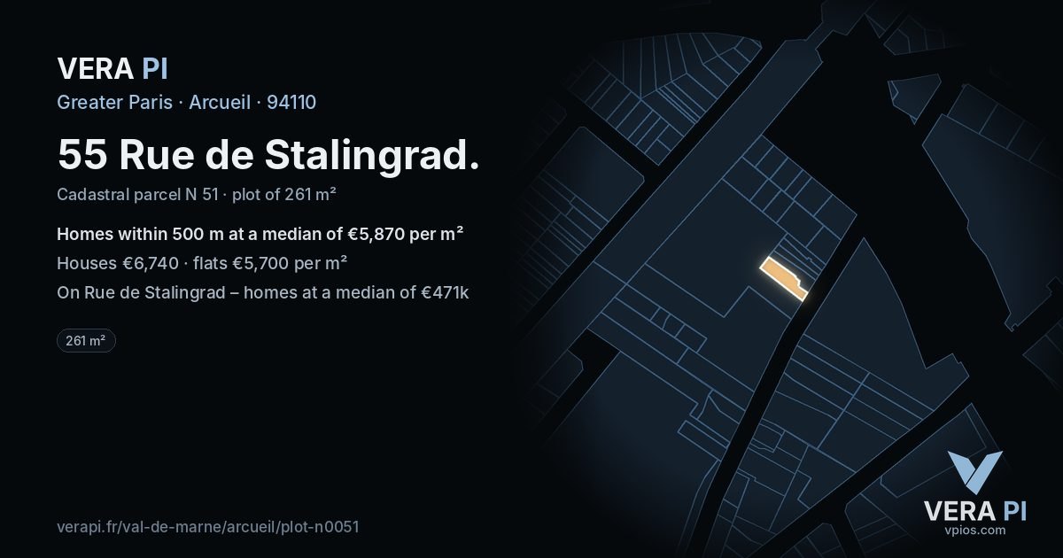 55 Rue de Stalingrad, Arcueil at night – the plot lit, the parcels around coloured by the prices near them