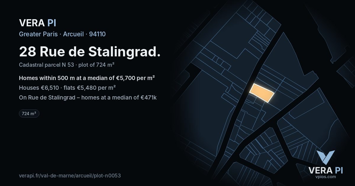 28 Rue de Stalingrad, Arcueil at night – the plot lit, the parcels around coloured by the prices near them