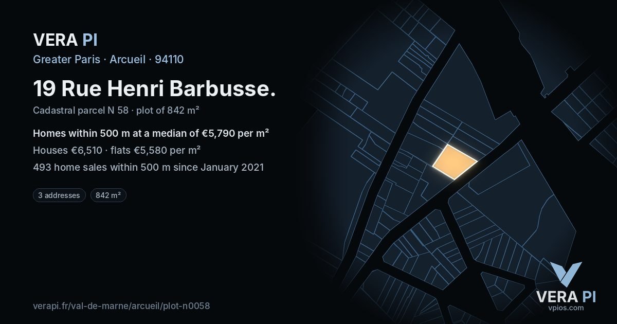 19 Rue Henri Barbusse, Arcueil at night – the plot lit, the parcels around coloured by the prices near them