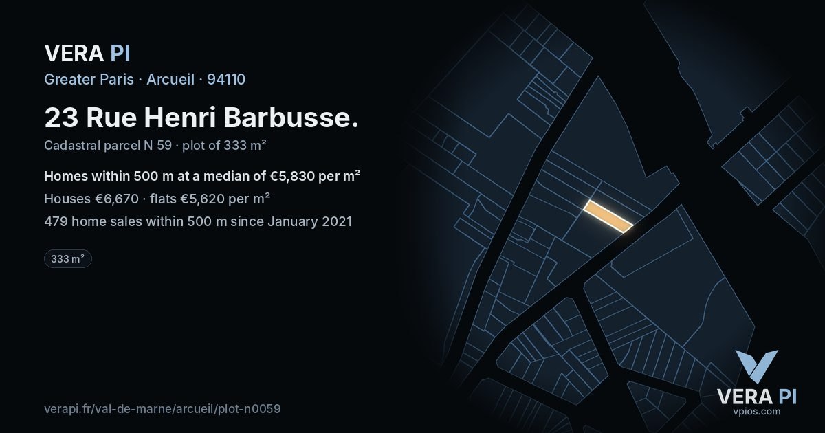 23 Rue Henri Barbusse, Arcueil at night – the plot lit, the parcels around coloured by the prices near them
