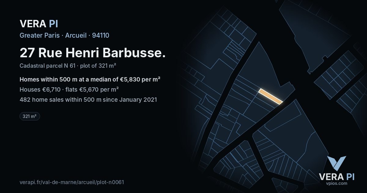 27 Rue Henri Barbusse, Arcueil at night – the plot lit, the parcels around coloured by the prices near them