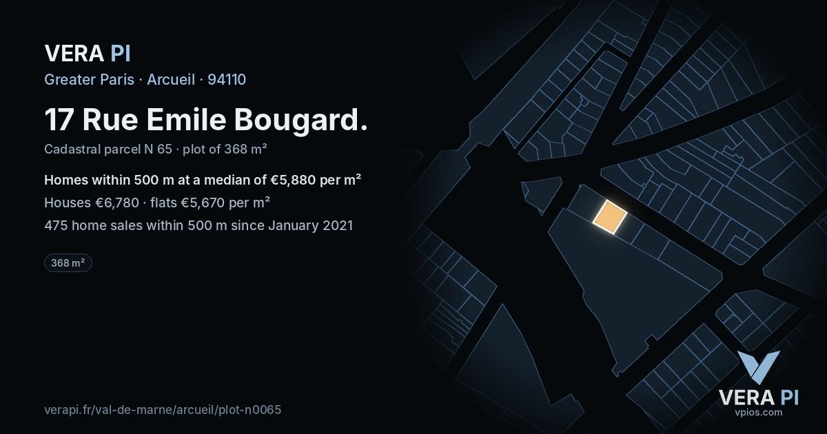 17 Rue Emile Bougard, Arcueil at night – the plot lit, the parcels around coloured by the prices near them