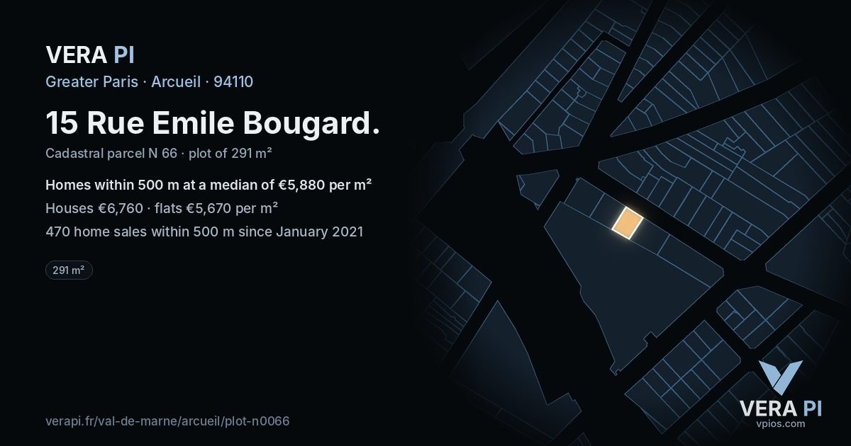 15 Rue Emile Bougard, Arcueil at night – the plot lit, the parcels around coloured by the prices near them
