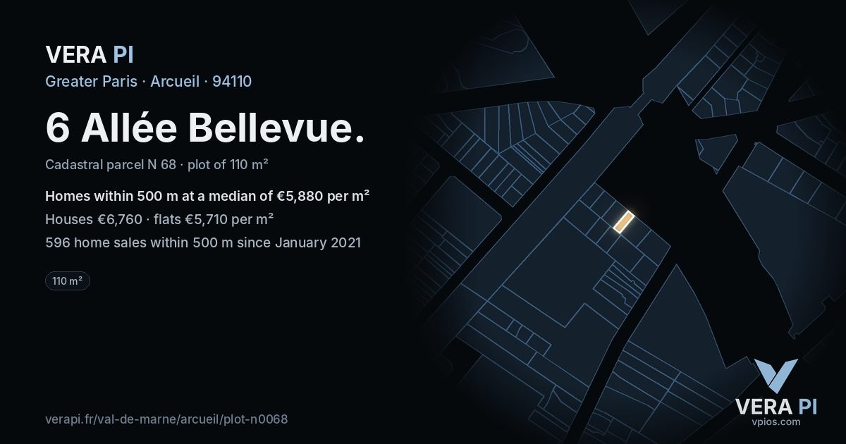 6 Allée Bellevue, Arcueil at night – the plot lit, the parcels around coloured by the prices near them