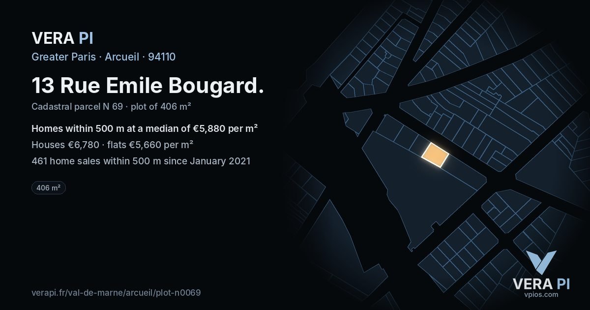 13 Rue Emile Bougard, Arcueil at night – the plot lit, the parcels around coloured by the prices near them