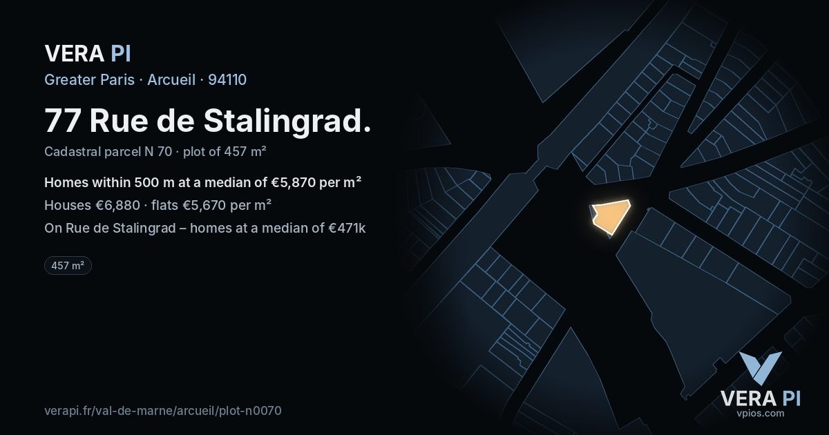 77 Rue de Stalingrad, Arcueil at night – the plot lit, the parcels around coloured by the prices near them