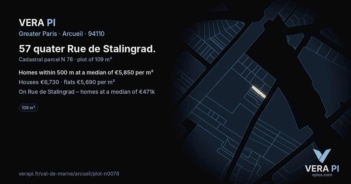 57 quater Rue de Stalingrad, Arcueil at night – the plot lit, the parcels around coloured by the prices near them