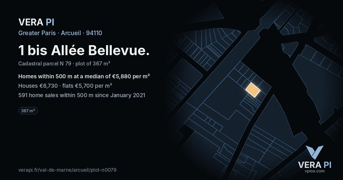 1 bis Allée Bellevue, Arcueil at night – the plot lit, the parcels around coloured by the prices near them