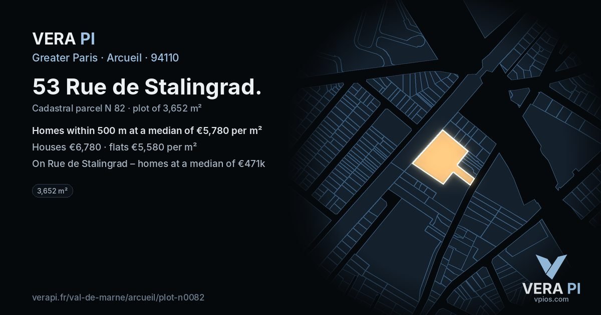 53 Rue de Stalingrad, Arcueil at night – the plot lit, the parcels around coloured by the prices near them