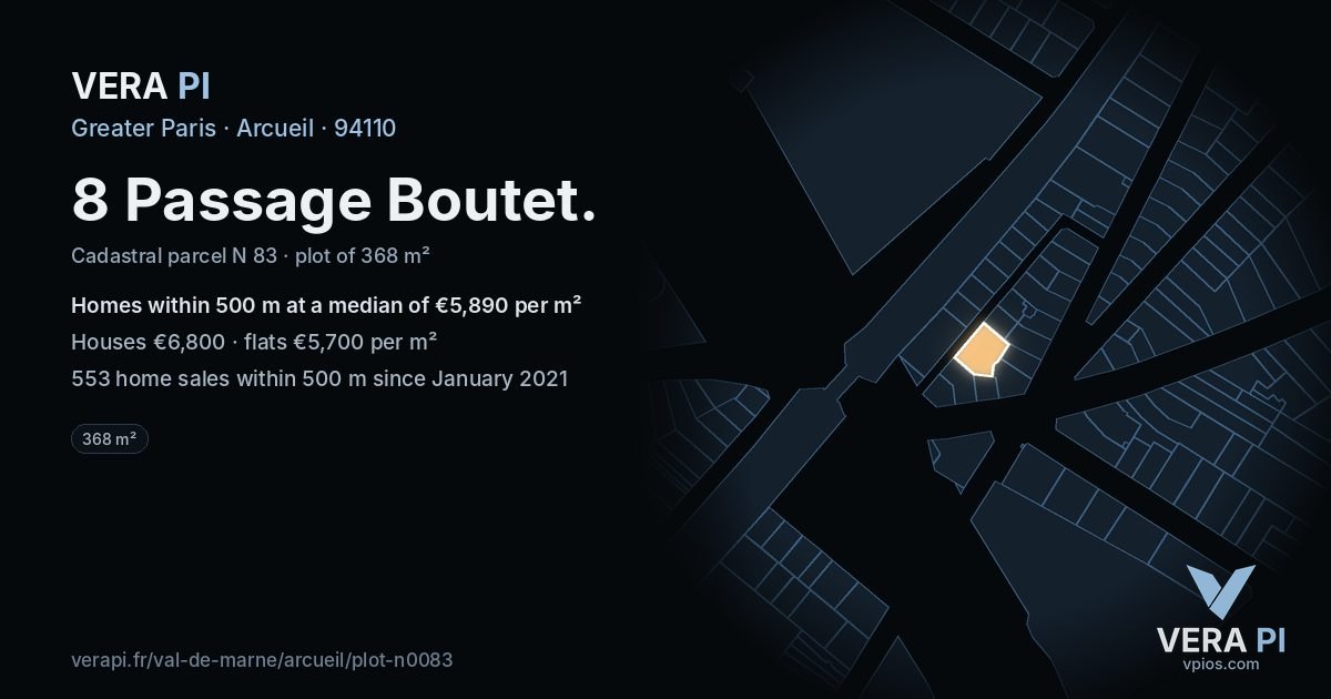 8 Passage Boutet, Arcueil at night – the plot lit, the parcels around coloured by the prices near them