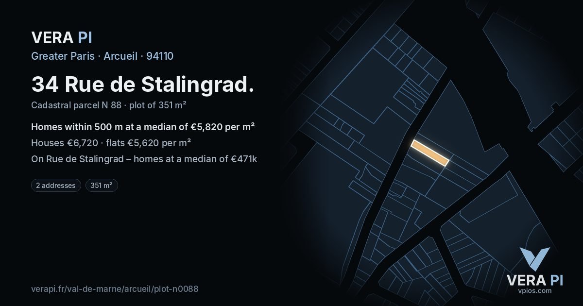 34 Rue de Stalingrad, Arcueil at night – the plot lit, the parcels around coloured by the prices near them