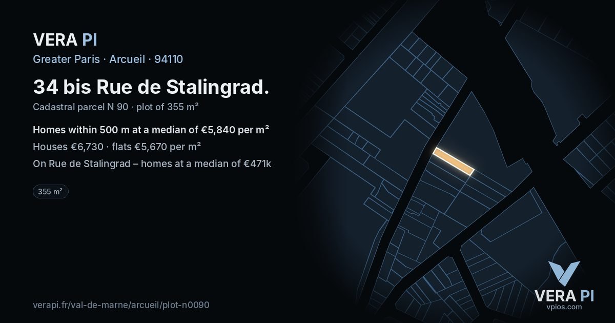 34 bis Rue de Stalingrad, Arcueil at night – the plot lit, the parcels around coloured by the prices near them