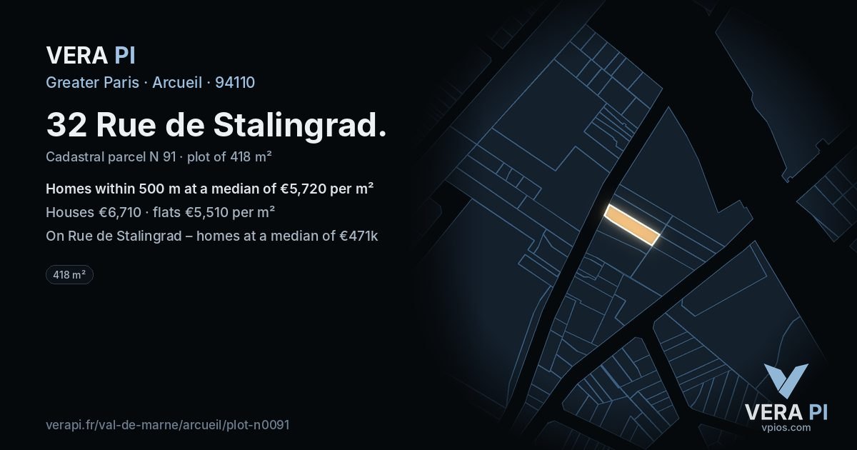 32 Rue de Stalingrad, Arcueil at night – the plot lit, the parcels around coloured by the prices near them