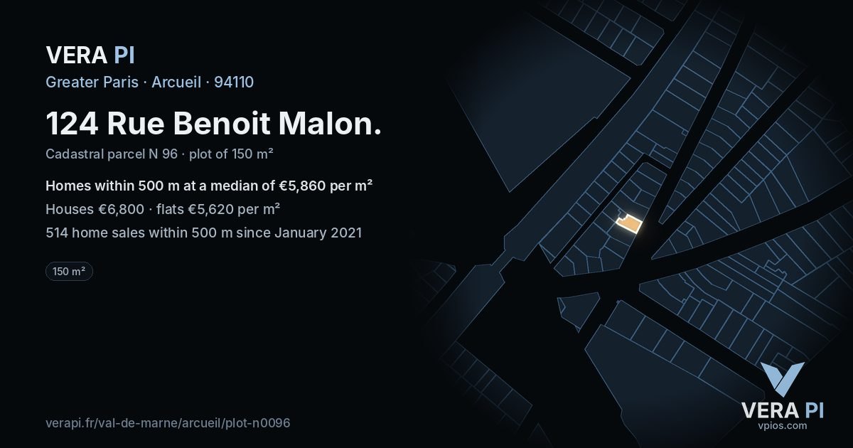 124 Rue Benoit Malon, Arcueil at night – the plot lit, the parcels around coloured by the prices near them