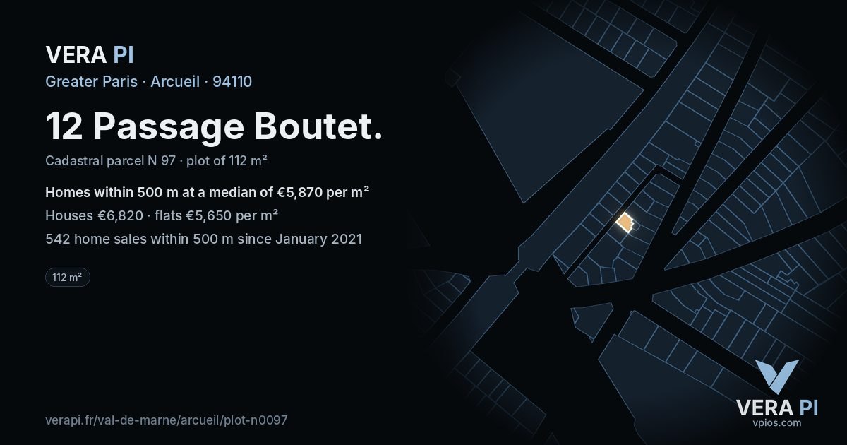 12 Passage Boutet, Arcueil at night – the plot lit, the parcels around coloured by the prices near them