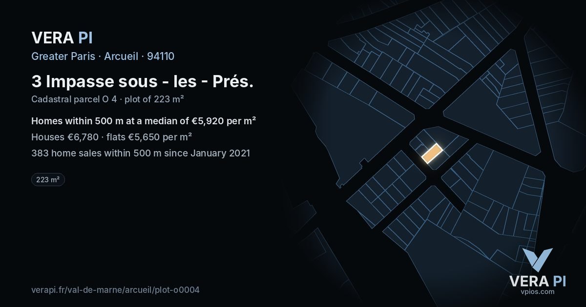 3 Impasse sous - les - Prés, Arcueil at night – the plot lit, the parcels around coloured by the prices near them