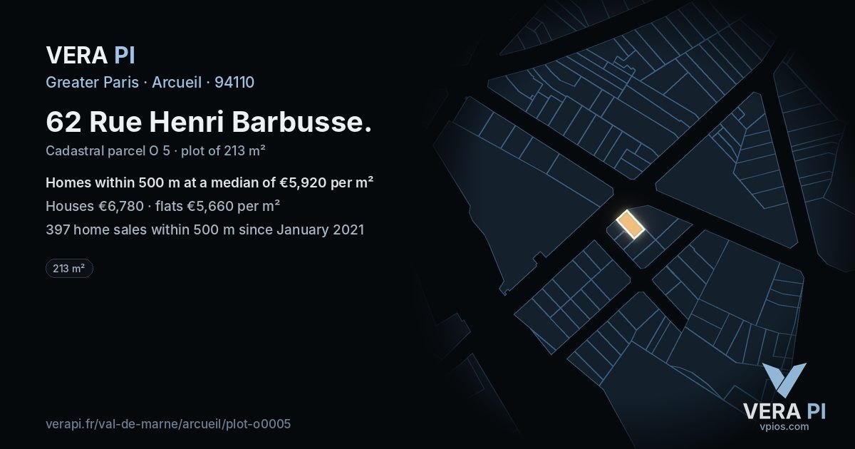 62 Rue Henri Barbusse, Arcueil at night – the plot lit, the parcels around coloured by the prices near them