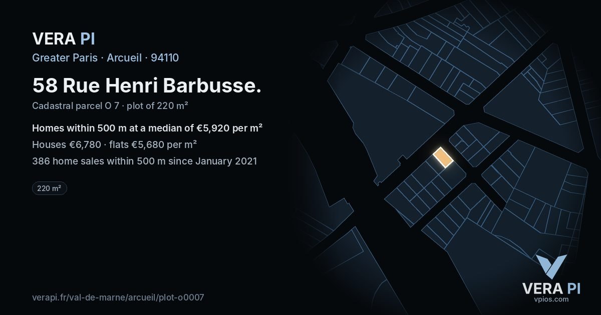 58 Rue Henri Barbusse, Arcueil at night – the plot lit, the parcels around coloured by the prices near them