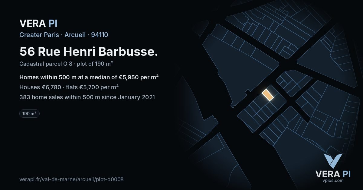 56 Rue Henri Barbusse, Arcueil at night – the plot lit, the parcels around coloured by the prices near them