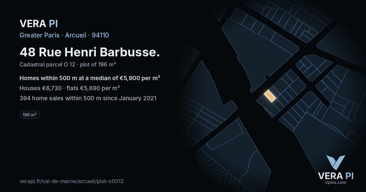 48 Rue Henri Barbusse, Arcueil at night – the plot lit, the parcels around coloured by the prices near them
