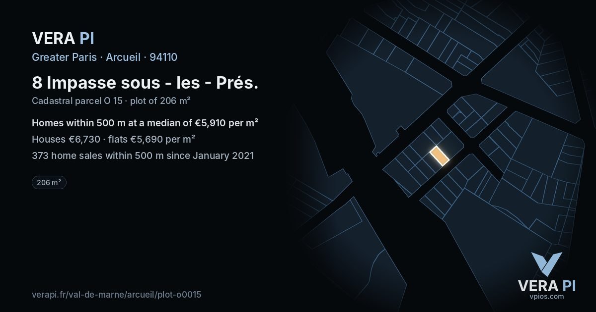 8 Impasse sous - les - Prés, Arcueil at night – the plot lit, the parcels around coloured by the prices near them