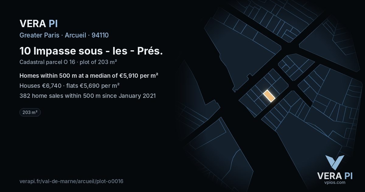 10 Impasse sous - les - Prés, Arcueil at night – the plot lit, the parcels around coloured by the prices near them