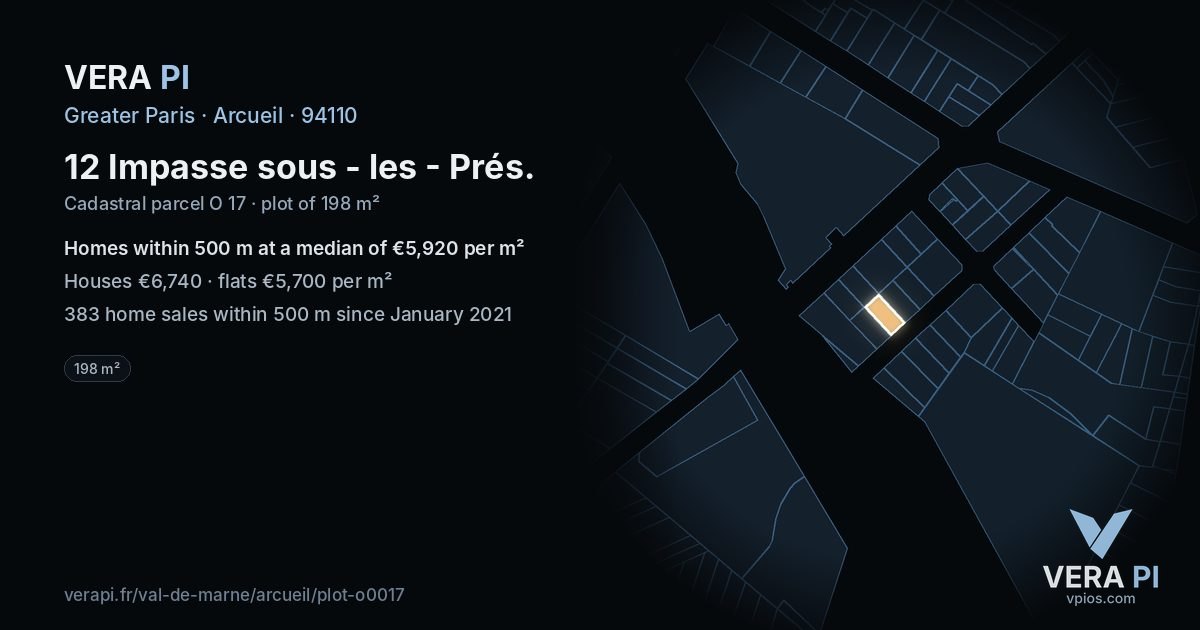 12 Impasse sous - les - Prés, Arcueil at night – the plot lit, the parcels around coloured by the prices near them