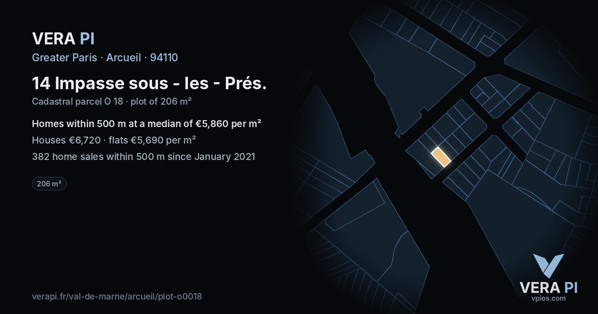14 Impasse sous - les - Prés, Arcueil at night – the plot lit, the parcels around coloured by the prices near them