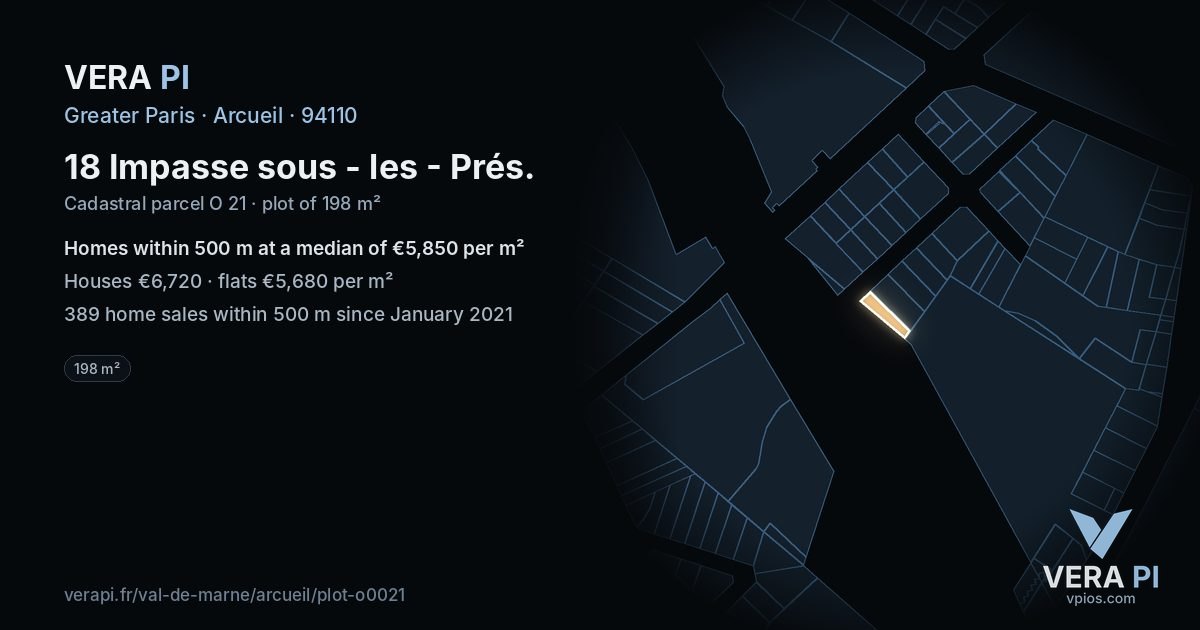18 Impasse sous - les - Prés, Arcueil at night – the plot lit, the parcels around coloured by the prices near them