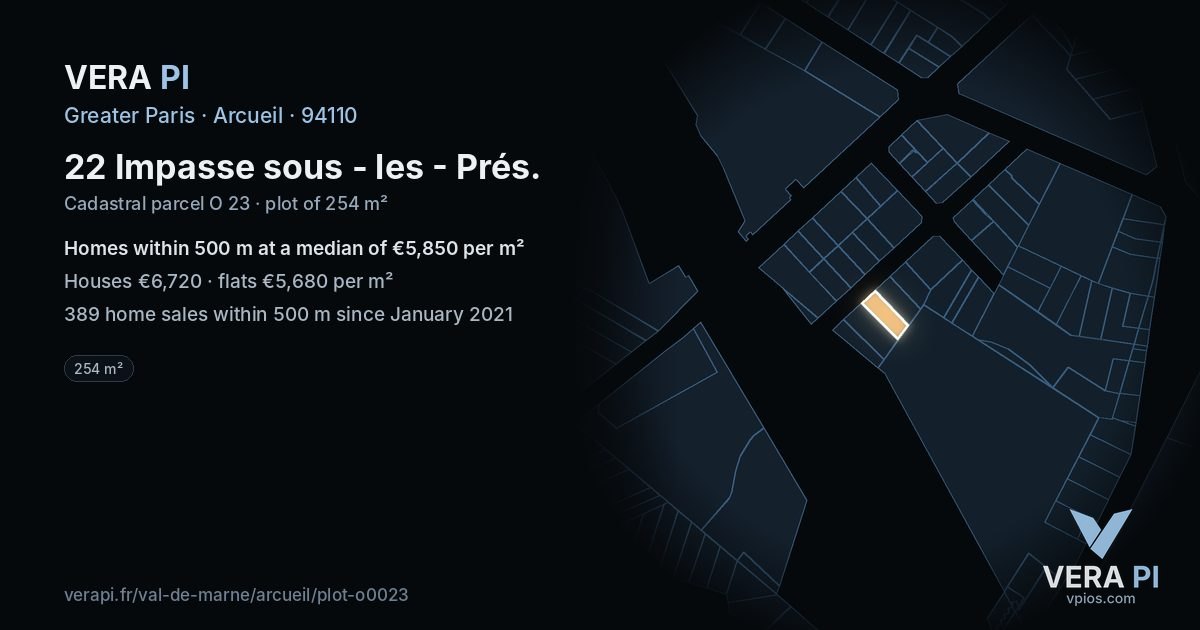 22 Impasse sous - les - Prés, Arcueil at night – the plot lit, the parcels around coloured by the prices near them