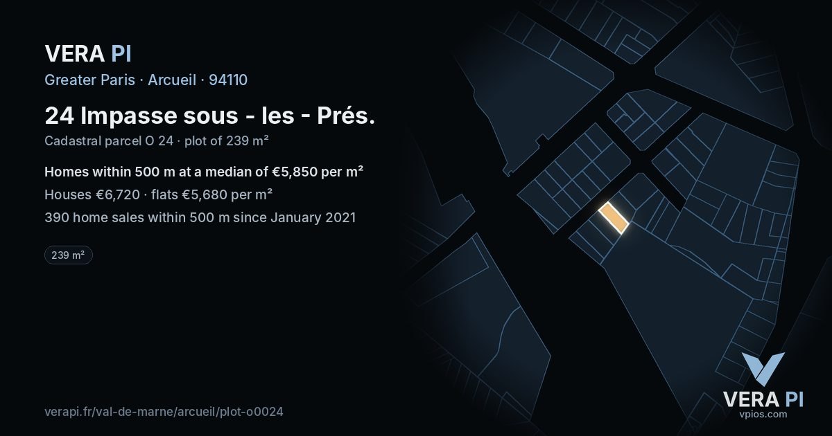 24 Impasse sous - les - Prés, Arcueil at night – the plot lit, the parcels around coloured by the prices near them