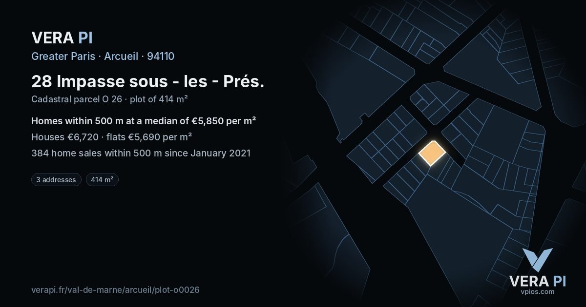 28 Impasse sous - les - Prés, Arcueil at night – the plot lit, the parcels around coloured by the prices near them