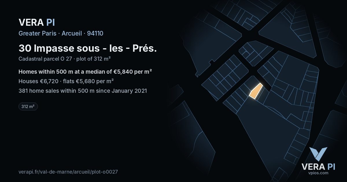 30 Impasse sous - les - Prés, Arcueil at night – the plot lit, the parcels around coloured by the prices near them