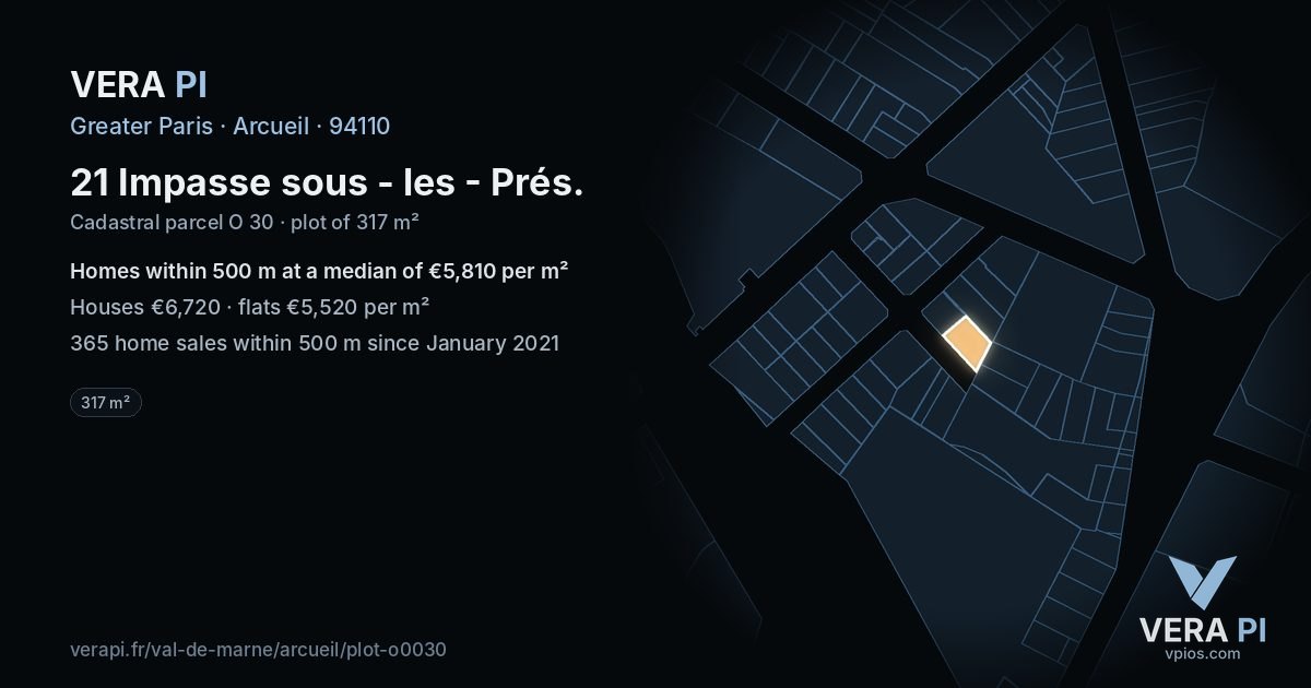 21 Impasse sous - les - Prés, Arcueil at night – the plot lit, the parcels around coloured by the prices near them