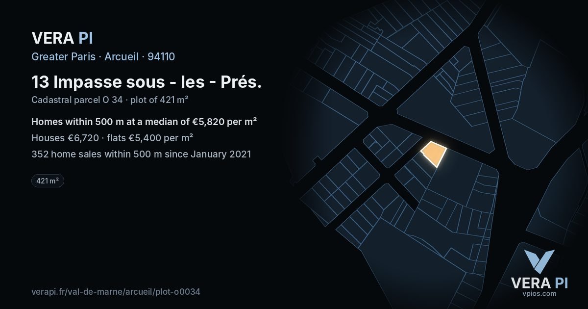 13 Impasse sous - les - Prés, Arcueil at night – the plot lit, the parcels around coloured by the prices near them