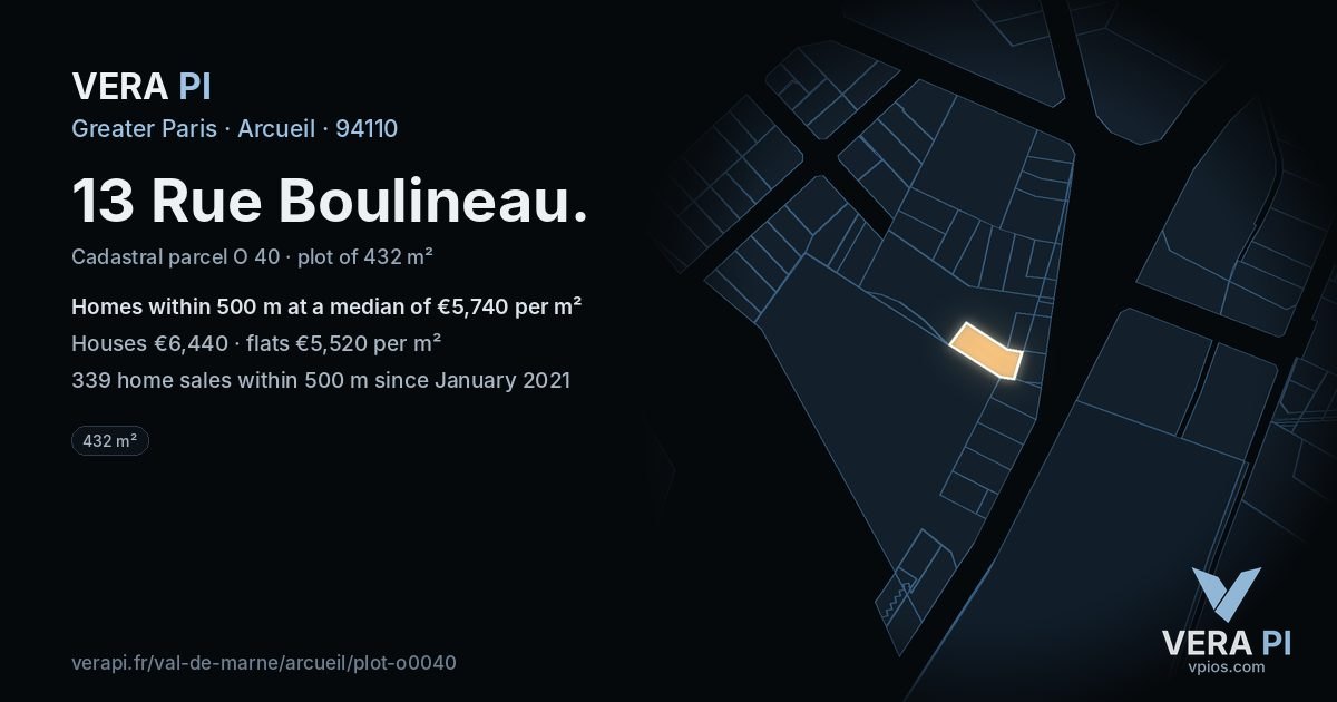13 Rue Boulineau, Arcueil at night – the plot lit, the parcels around coloured by the prices near them