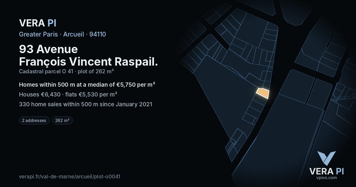 93 Avenue François Vincent Raspail, Arcueil at night – the plot lit, the parcels around coloured by the prices near them