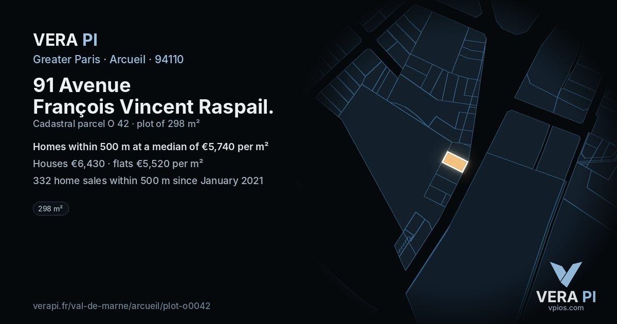 91 Avenue François Vincent Raspail, Arcueil at night – the plot lit, the parcels around coloured by the prices near them