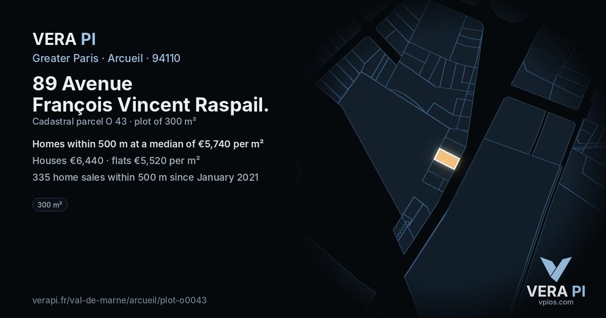 89 Avenue François Vincent Raspail, Arcueil at night – the plot lit, the parcels around coloured by the prices near them