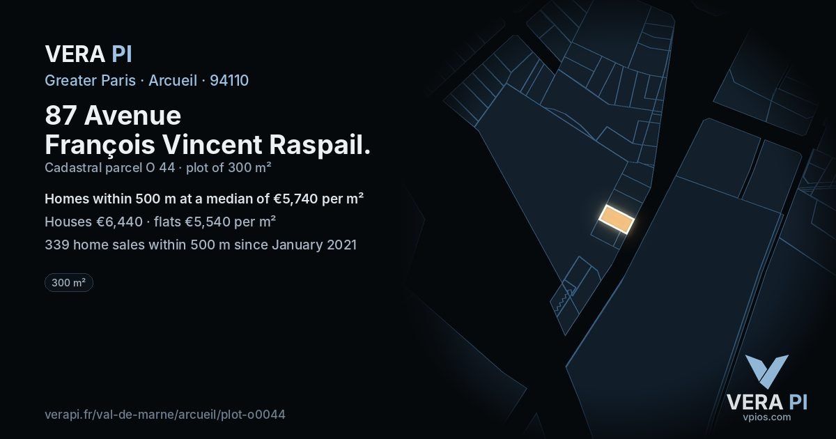 87 Avenue François Vincent Raspail, Arcueil at night – the plot lit, the parcels around coloured by the prices near them