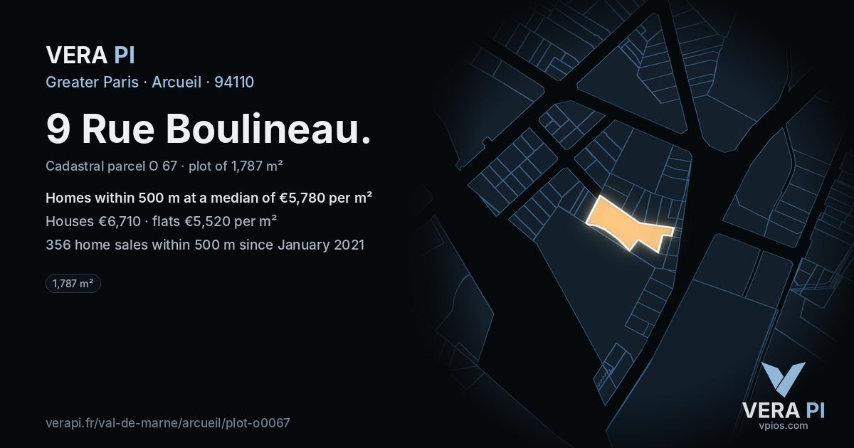 9 Rue Boulineau, Arcueil at night – the plot lit, the parcels around coloured by the prices near them