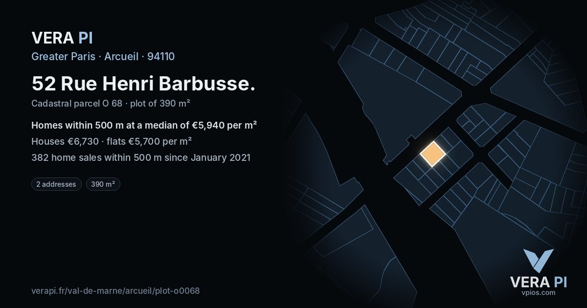 52 Rue Henri Barbusse, Arcueil at night – the plot lit, the parcels around coloured by the prices near them