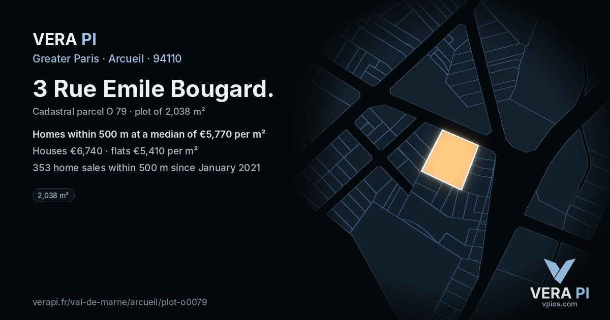 3 Rue Emile Bougard, Arcueil at night – the plot lit, the parcels around coloured by the prices near them